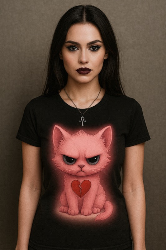 T-Shirt Short Sleeve Pink Kitty Broken Heart